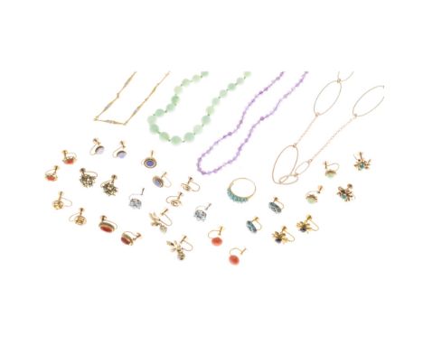 A collection of jewelleryto include a single strand of amethyst beads, a stand of slightly graduated jade beads, a contempora