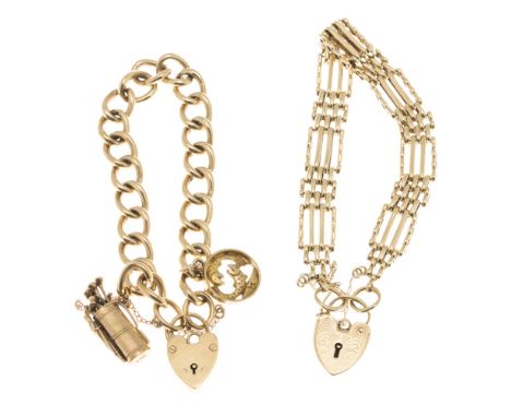 Two 9ct gold braceletsthe first composed of gate links, with engraved padlock clasp; the second composed of curb links, suspe