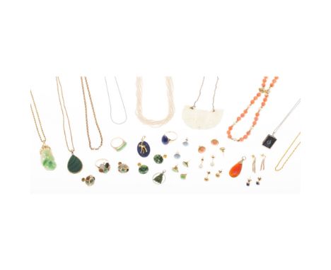 A collection of gem set jewelleryto include a coral and cultured pearl set necklace, a pair of coral set stud earrings; a car