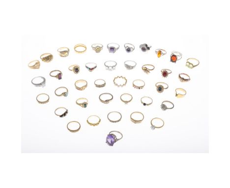 A large collection of costume ringsto include various coloured gem, paste, enamel and faux diamond set rings (qty)