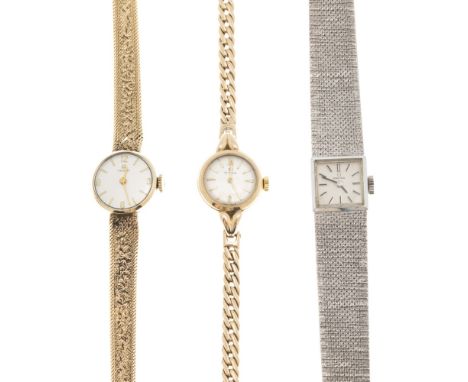 Three lady's wrist watchesto include a 9ct gold Tissot watch, circular dial, integral woven bracelet, fold over clasp; a 9ct 