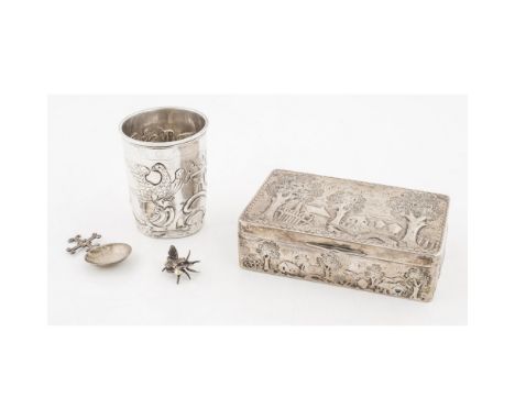 A 19th century Russian silver beakerMoscow 1882, of tapering form, decorated birds: a Dutch style table box, marks rubbed cir