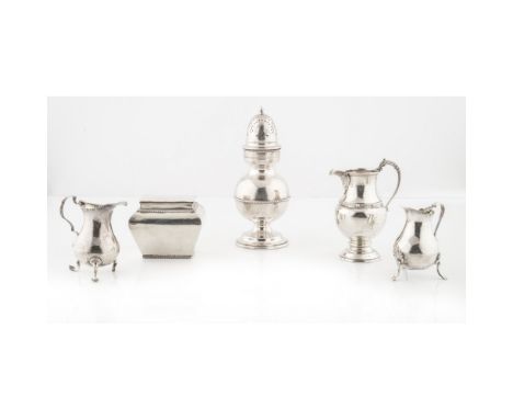 A collection of silverto include; a caster, Henry Atkins, Birmingham 1942, of baluster form, domed and pierced pull off lid g