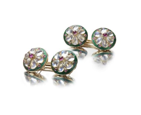 A pair of multi-gem set gentleman's cufflinkseach circular terminal set with a floral cluster of moonstone cabochons and smal