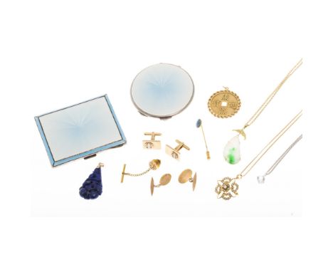 A collection of jewelleryto include a seed pearl set pendant, a Chinese coin set pendant; a pair of 9ct gold engine turned cu