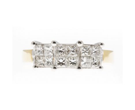 An 18ct gold diamond set triple cluster ringclaw set with three clusters of four princess cut diamonds, to a plain shankRing 