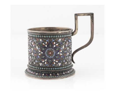 A Russian teaglass holderbears marks for Gustav Gustavovich Klingert, Moscow, the cylindrical body with champlevé enamel in b