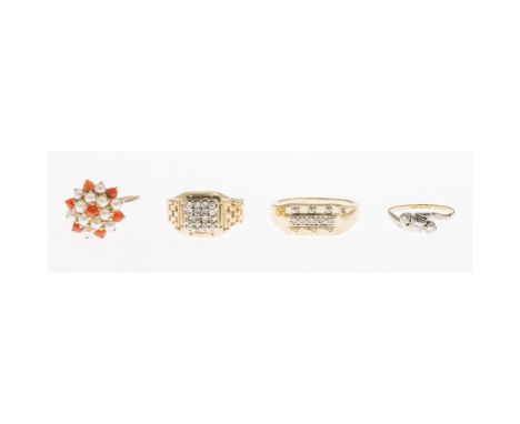 A collection of diamond ringsto include a three stone diamond ring, stamped 18CT & PLAT; a 9ct gold seed pearl and coral set 