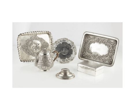 A mixed group of silver to includetwo dressing table trays, circa 1900, a small table inkwell, circular, hinged lid, a small 