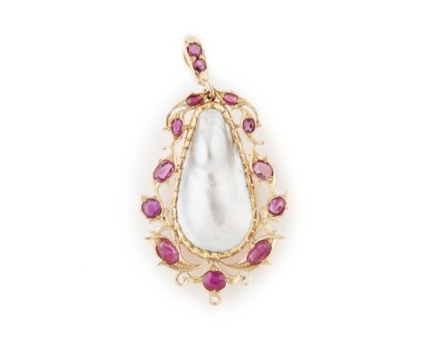 A pearl and ruby set Indian pendantthe large pear shaped baroque pearl in a scrolling border set throughout with graduated ov
