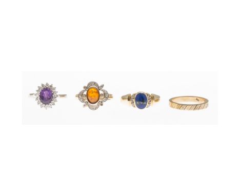 A collection of gem set ringsto include an amethyst and diamond set cluster ring, to a plain unmarked white metal shank; a 9c