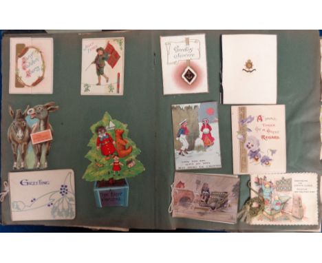 Ephemera, Greetings Cards, an album of 250+ laid down cards dating to WW1 and earlier. Embossed, glitter, ribbons, die-cut et