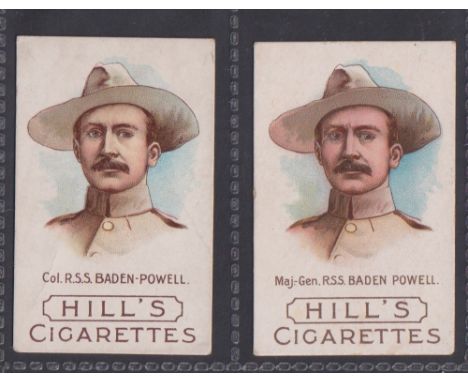 Cigarette cards, Hill's, Boer War Generals, two variety cards for Baden-Powell, one Col. R.S.S. Baden-Powell (small mark to b