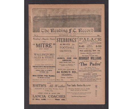 Football programme, Reading v WBA, 10 Sep 1927, Division 2, (ex-binder, gd)