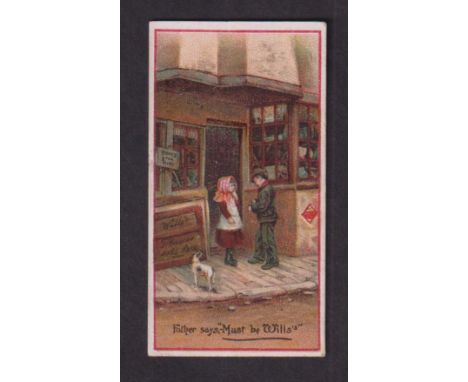 Cigarette card, Wills, Advertisement Card, children in doorway, 'Father says - Must be Wills's', 'Autumn Gold Cigarettes' adv