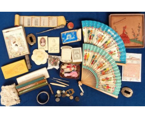 Collectables, a selection of 19th to mid 20thC items to include handmade needle roll, silver and blue glass needle case marke