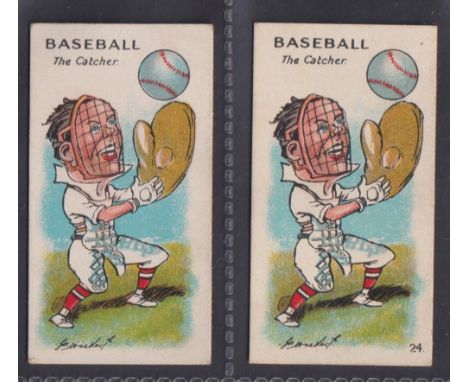 Cigarette cards, Major Drapkin, The Game of Sporting Snap, Baseball, number 24 The Catcher, two different cards, one with pri