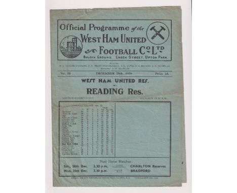 Football programme, West Ham Res v Reading Res, 25 Dec 1936, London Combination, (some sl creasing and small annotation to li