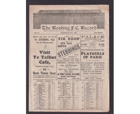 Football programme, Reading v Tottenham, 27 Dec 1930, Div 2 (light creasing, gen gd)