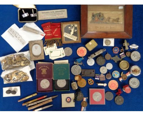 Collectables, a selection of approx. 60 interesting items to include coins, medallions, advertising items, badges, RAF button