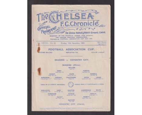 Football programme, at Stamford Bridge, Chelsea, Reading v Coventry, 19 Dec 1932, FAC 2nd Round Replay, single sheet, (2 rust