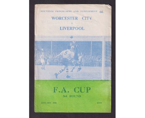 Football programme, Worcester City v Liverpool, 10 January 1959, FA Cup, with outer cover (sl cr, gd) (1)