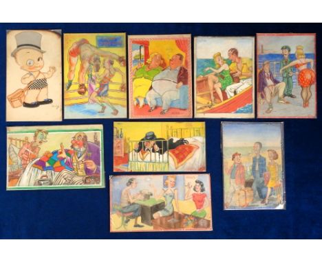 Postcard Artwork, 9 original comic pictures by different artists, 1 in the style of Mabel Lucie Attwell, designed to be turne