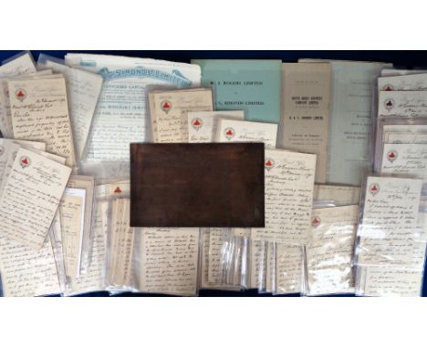 Advertising, Simonds Brewery, a selection of items to comprise a copper share certificate printers plate, 1897 Mems and Arts,