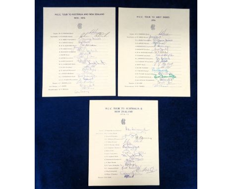Cricket autographs, three MCC Tour Sheets, all with original signatures on headed paper for the Tours to Australia and New Ze