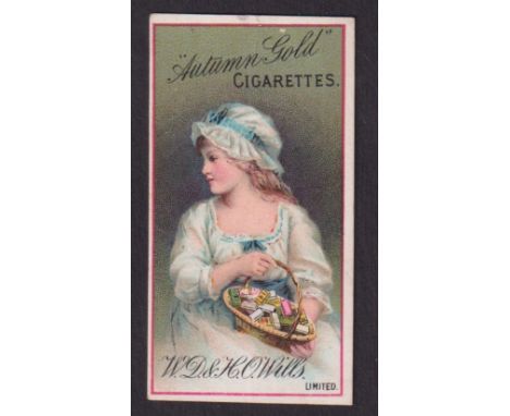 Cigarette card, Wills, Advertisement Card, Girl with Basket of Flowers, 'Autumn Gold Cigarettes' advert to back (gd) (1)