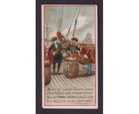 Cigarette card, Wills, Advertisement Card, three men on deck of ship, 'There's no sweeter Tobacco…...', with 'Three Castles' 