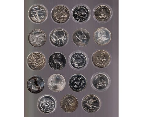 Coins, 19 1970s .925 silver coins featuring native animals. To include Afghanistan, Seychelles, Jordan, Mauritius, Indonesia,
