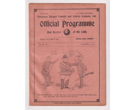Football programme, Tottenham Res v Reading Res, 10 Dec 1910, South Eastern League (team changes &amp; tape repair to spine, 