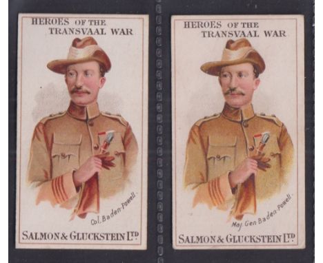Cigarette cards, Salmon & Gluckstein, Heroes of the Transvaal War, two variety cards for Baden-Powell, one Col. Baden-Powell,