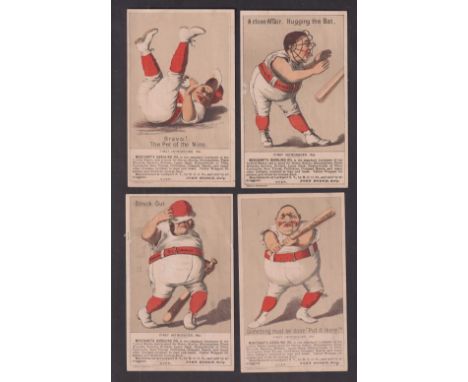 Trade cards, USA, Fulton Bros, four postcard size comic baseball cards, 'A Close Affair. Hugging the Bat', 'Bravo! The Pet of