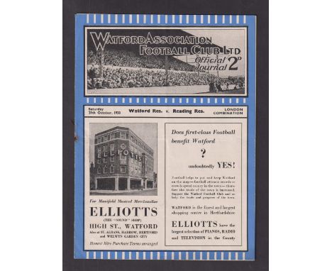 Football programme, Watford Res v Reading Res, 29 Oct 1938, London Combination, (gd)