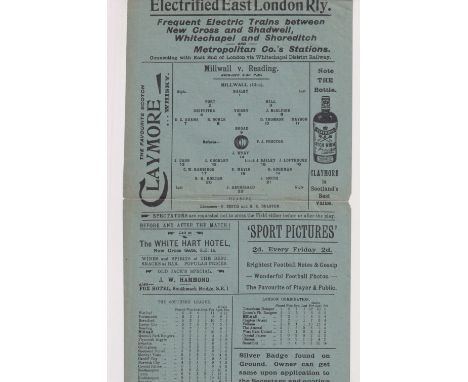 Football programme, Millwall v Reading, 20 Sep 1919, Southern League, large single sheet (fold, small tear to top edge, other