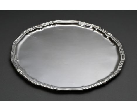 Rundes Tablett mit Chippendale Rand und Rocaille Elementen, Silber 800, 1200g, Ø 40,5cm
