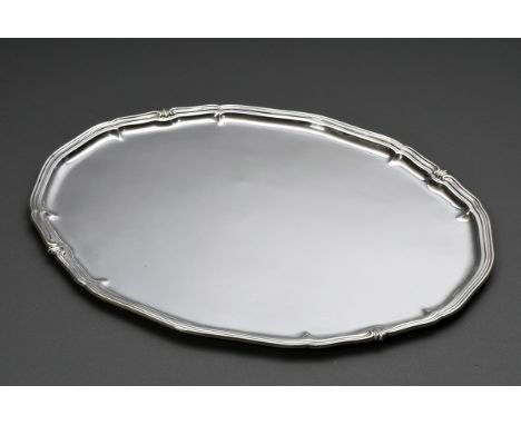 Ovales Tablett mit Chippendale Rand und Rocaille Elementen, Silber 800, 1506g, 50,5x40cm