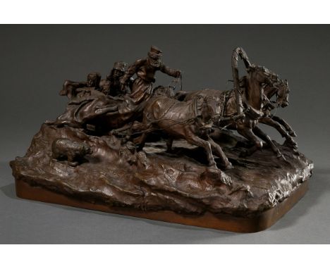 Grachev, Vassili Yacovlevitch (1831-1905) "Troika in wilder Fahrt", Bronze patiniert, auf naturalistischem Sockel kyrillisch 