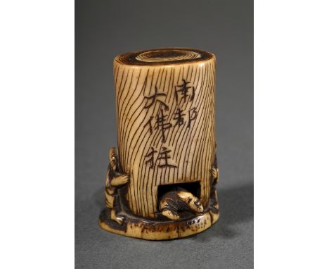 Hirschhorn Trick-Netsuke "Pilger kriecht durch die Säule der Buddha-Halle des Todaiji Tempel in Nara", seltenes Sujet, vorne 