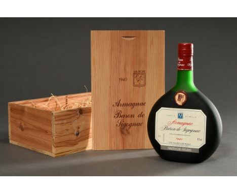 Flasche 1940 Armagnac Baron de Sigognac, Cazaubon (Gers), 0,7l, in Original Holzbox