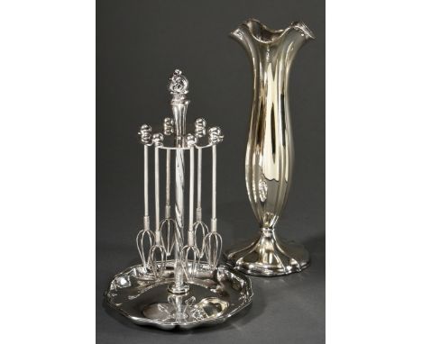2 Diverse Teile mit Chippendale Rand: Quirlständer mit 6 Sektquirlen (H. 18,5cm) und Vase (H. 21cm), Silber 835/925, zus. 389