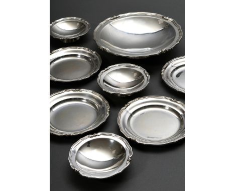 11 Diverse Schälchen und Untersetzer mit Chippendale Rand und Rocaille Elementen, Silber 800, 1113g: 6 Schälchen auf Füßchen 