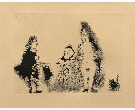 Picasso, Pablo (1881-1973) "Celestine mit ihrer Tochter, einer Katze und einem Kunden" 1968, Radierung, aus der Suite: "Les 3