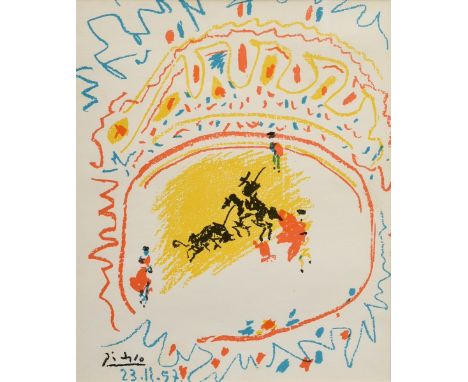 Picasso, Pablo (1881-1973) "La Petite Corrida" 1957, Farblithographie, i.d. Platte sign./dat., 27,7x23,8cm (m.R. 35x30cm)