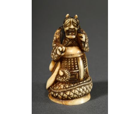 Feines Walrosszahn Netsuke "Kiyohime in Schlangengestalt auf Glocke des Dojoji sitzend" aus der Anchin-Kiyohime Legende, deta