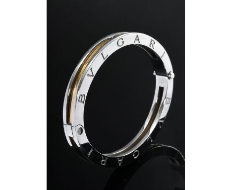 Ovaler Bulgari "B Zero 1" Gelbgold 750 und Edelstahl Armreif mit umlaufenden Schriftzug und Scharnier, sign./gestempelt, 29,6