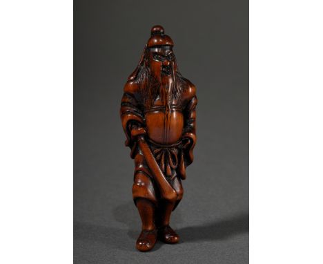 Buchsbaum Netsuke "Stehender Shoki", verschieden große Himotoshi, schöne Gebrauchspatina, H. 7,4cm, Provenienz: Norddeutsche 