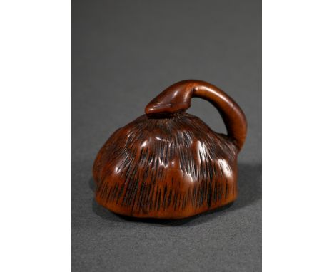 Buchsbaum Trick-Netsuke "Lotoskapsel mit beweglichen Samen", natürliches Himotoshi, beriebene Gebrauchspatina, Mitte 19.Jh., 